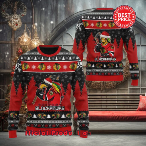 Chicago Blackhawks Tommy Hawk Santa Hat Ugly Christmas Sweater