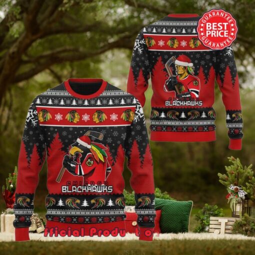 Chicago Blackhawks Tommy Hawk Santa Hat Ugly Christmas Sweater