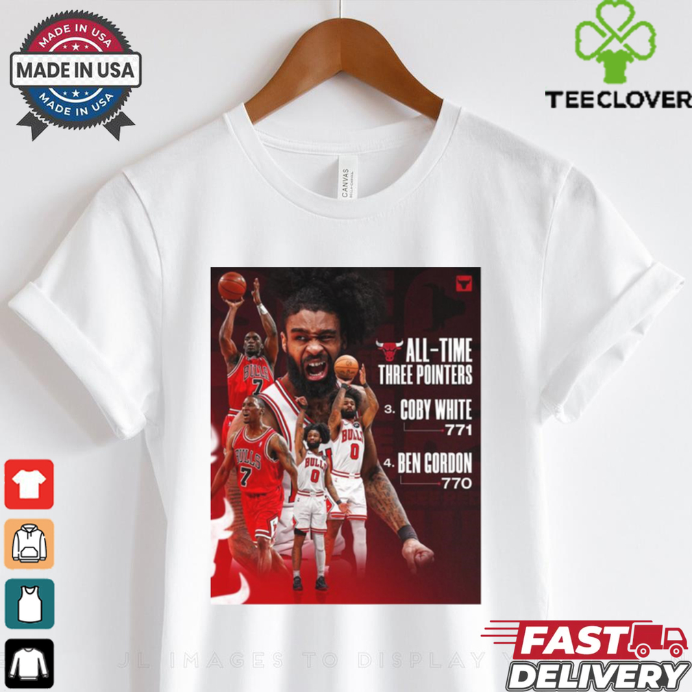 Chicago Bulls All Time Three Pointers No. 3 Coby White 771 No 4 Ben Cordon 770 Poster t shirt Chicago Bulls All Time Three Pointers No. 3 Coby White 771 No 4 Ben Cordon 770 Poster t shirt