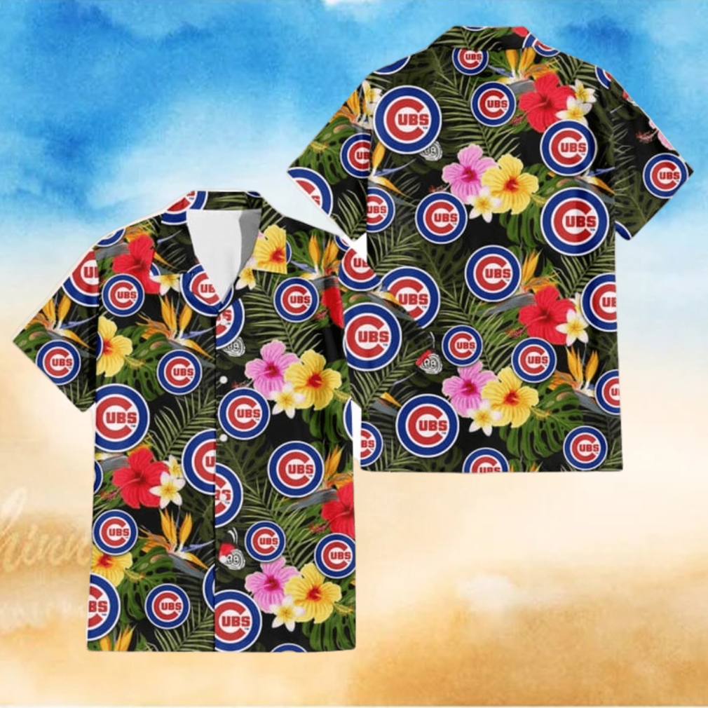 Chicago Cubs Colorful Hibiscus Green Leaf Back Background 3D Hawaiian Shirt Gift For Fans Chicago Cubs Colorful Hibiscus Green Leaf Back Background 3D Hawaiian Shirt Gift For Fans