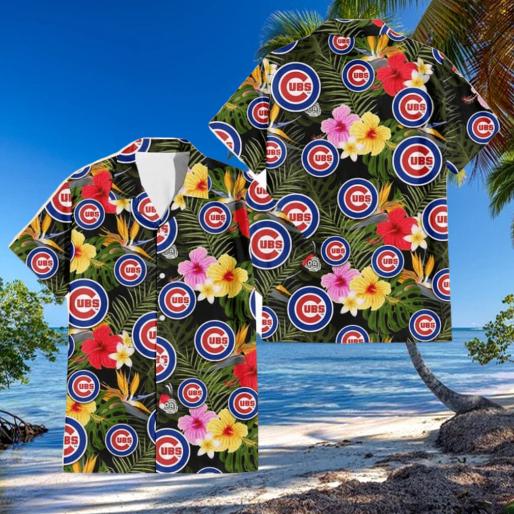 Chicago Cubs Colorful Hibiscus Green Leaf Back Background 3D Hawaiian Shirt Gift For Fans Chicago Cubs Colorful Hibiscus Green Leaf Back Background 3D Hawaiian Shirt Gift For Fans