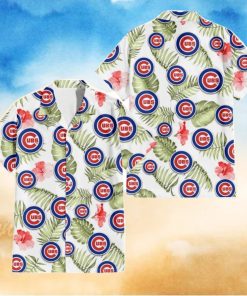 Chicago Cubs Light Salmon Hibiscus Green Leaf White Background 3D Hawaiian Shirt Gift For Fans