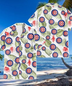 Chicago Cubs Light Salmon Hibiscus Green Leaf White Background 3D Hawaiian Shirt Gift For Fans