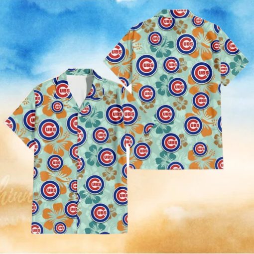 Chicago Cubs Orange Green Hibiscus Pale Green Background 3D Hawaiian Shirt Gift For Fans