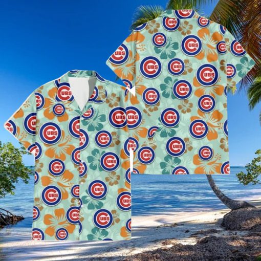 Chicago Cubs Orange Green Hibiscus Pale Green Background 3D Hawaiian Shirt Gift For Fans