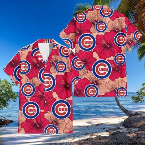 Chicago Cubs Red Beige Hibiscus Beige Background 3D Hawaiian Shirt Gift For Fans