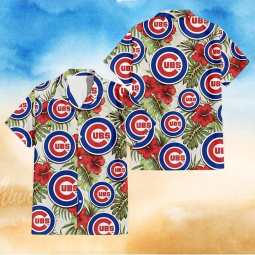 Chicago Cubs Red Hibiscus Green Tropical Leaf Cream Background 3D Hawaiian Shirt Gift For Fans