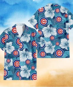 Chicago Cubs White Hibiscus Turquoise Banana Leaf Navy Background 3D Hawaiian Shirt Gift For Fans
