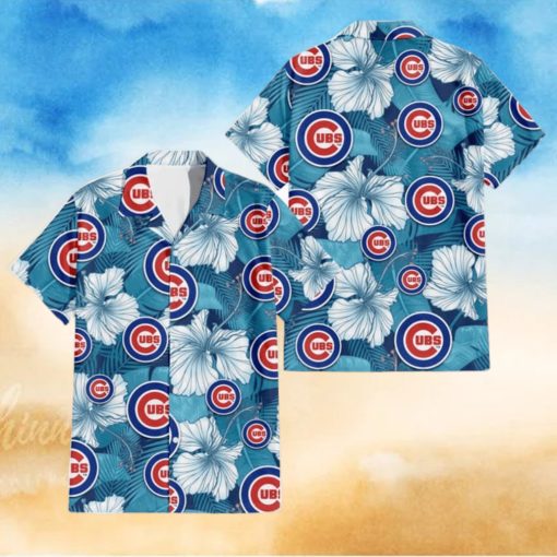 Chicago Cubs White Hibiscus Turquoise Banana Leaf Navy Background 3D Hawaiian Shirt Gift For Fans