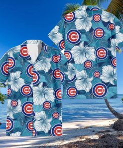 Chicago Cubs White Hibiscus Turquoise Banana Leaf Navy Background 3D Hawaiian Shirt Gift For Fans