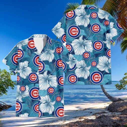 Chicago Cubs White Hibiscus Turquoise Banana Leaf Navy Background 3D Hawaiian Shirt Gift For Fans