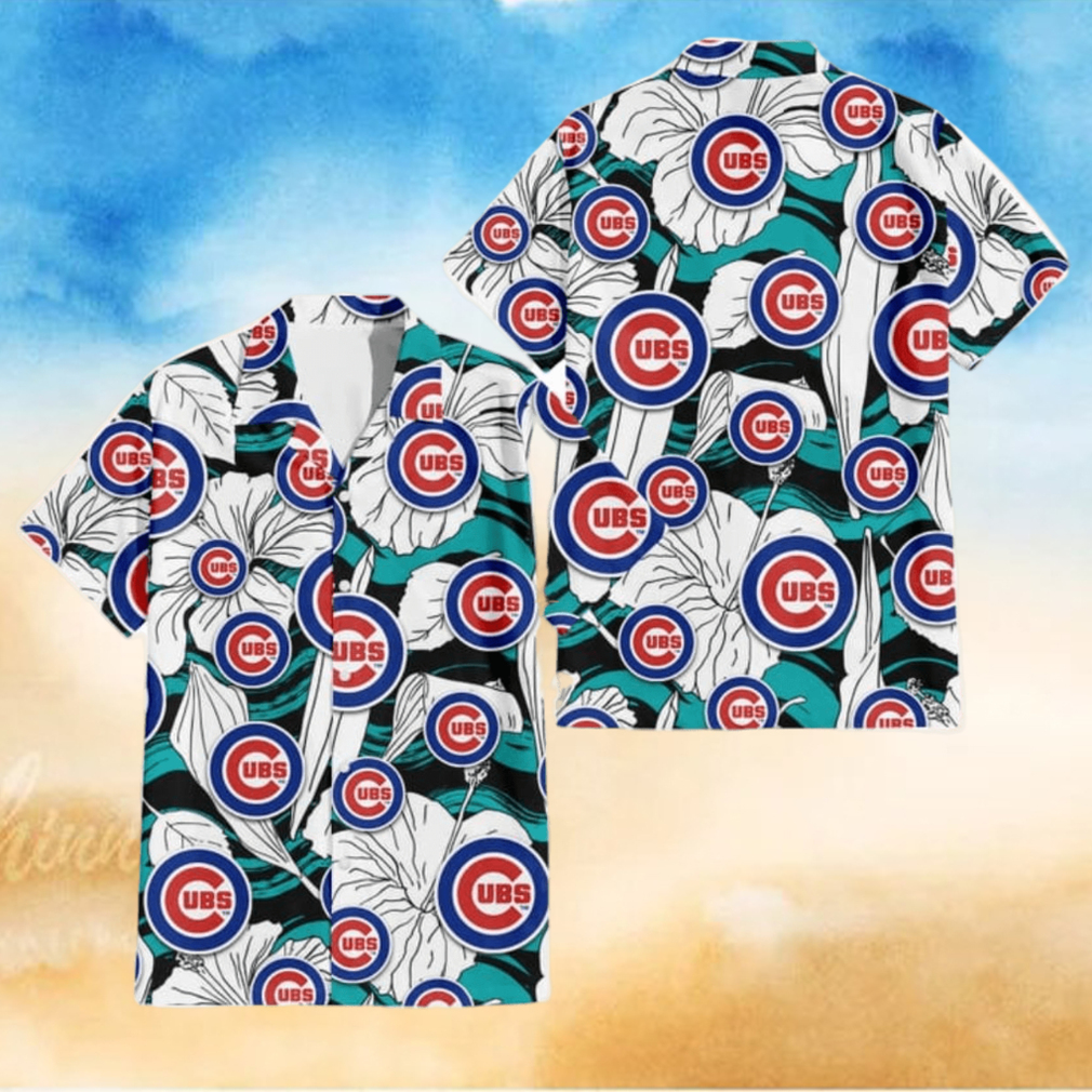 Chicago Cubs White Hibiscus Turquoise Wave Black Background 3D Hawaiian Shirt Gift For Fans Chicago Cubs White Hibiscus Turquoise Wave Black Background 3D Hawaiian Shirt Gift For Fans