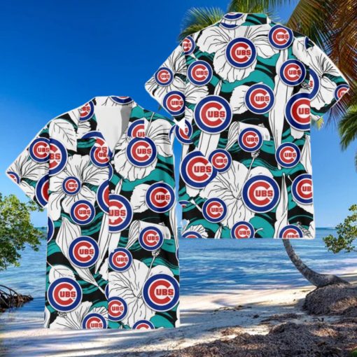 Chicago Cubs White Hibiscus Turquoise Wave Black Background 3D Hawaiian Shirt Gift For Fans