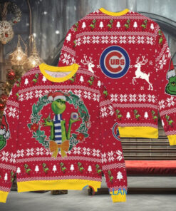 Chicago Cubs x Grinch Dr. Seuss How the Grinch Stole Christmas MLB with World Series Trophy Ugly Christmas Sweater Red