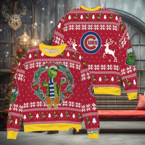 Chicago Cubs x Grinch Dr. Seuss How the Grinch Stole Christmas MLB with World Series Trophy Ugly Christmas Sweater Red