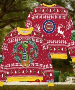 Chicago Cubs x Grinch Dr. Seuss How the Grinch Stole Christmas MLB with World Series Trophy Ugly Christmas Sweater Red