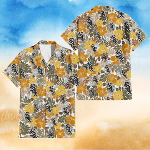 Chicago White Sox Brown Yellow Hibiscus White Background 3D Hawaiian Shirt Gift For Fans