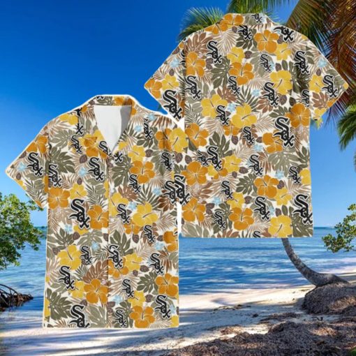 Chicago White Sox Brown Yellow Hibiscus White Background 3D Hawaiian Shirt Gift For Fans