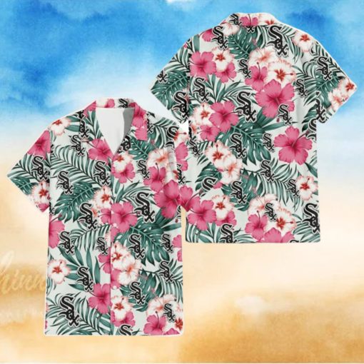 Chicago White Sox Coral Pink Hibiscus Green Leaf Beige Background 3D Hawaiian Shirt Gift For Fans