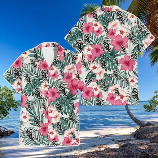 Chicago White Sox Coral Pink Hibiscus Green Leaf Beige Background 3D Hawaiian Shirt Gift For Fans