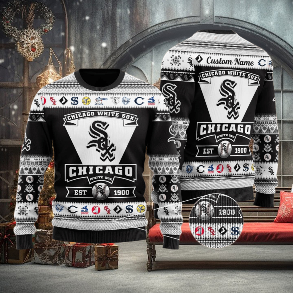 Chicago White Sox Football Team Logo Custom Name For Fans Ugly Christmas Sweater Chicago White Sox Football Team Logo Custom Name For Fans Ugly Christmas Sweater