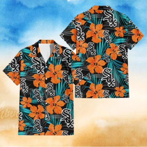 Chicago White Sox Orange Hibiscus Blue Gray Leaf Black Background 3D Hawaiian Shirt Gift For Fans