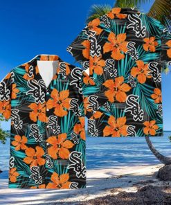 Chicago White Sox Orange Hibiscus Blue Gray Leaf Black Background 3D Hawaiian Shirt Gift For Fans