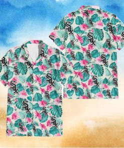 Chicago White Sox Pink Hibiscus Green Leaf Beige Background 3D Hawaiian Shirt Gift For Fans