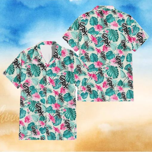Chicago White Sox Pink Hibiscus Green Leaf Beige Background 3D Hawaiian Shirt Gift For Fans