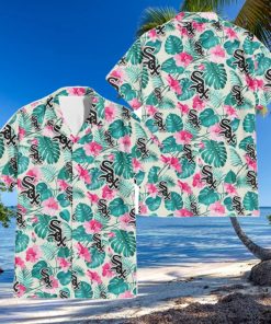 Chicago White Sox Pink Hibiscus Green Leaf Beige Background 3D Hawaiian Shirt Gift For Fans