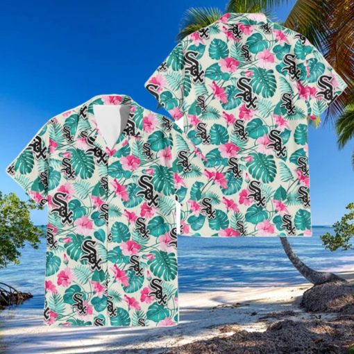 Chicago White Sox Pink Hibiscus Green Leaf Beige Background 3D Hawaiian Shirt Gift For Fans