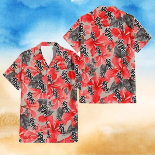 Chicago White Sox Red Hibiscus Gray Leaf Gainsboro Background 3D Hawaiian Shirt Gift For Fans