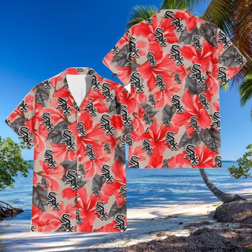 Chicago White Sox Red Hibiscus Gray Leaf Gainsboro Background 3D Hawaiian Shirt Gift For Fans