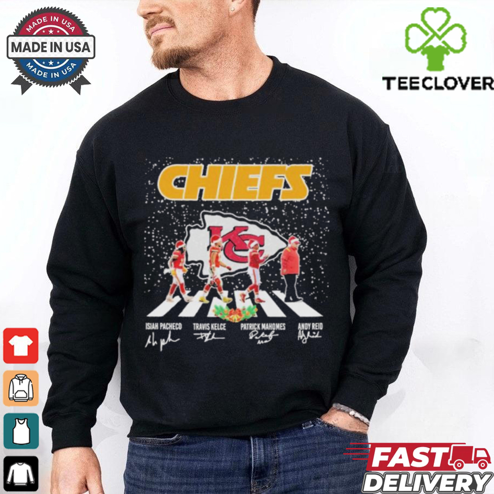 Chiefs Christmas Abbey Road Isiah Pacheco Travis Kelce Patrick Mahomes And Andy Reid Shirt Chiefs Christmas Abbey Road Isiah Pacheco Travis Kelce Patrick Mahomes And Andy Reid Shirt