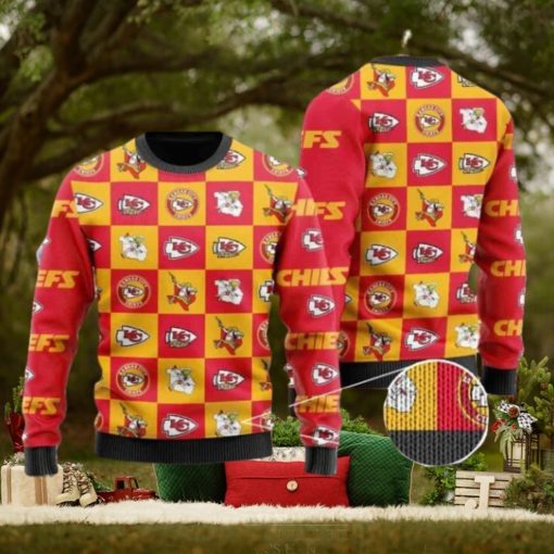 Chiefs Logo Checkered Flannel Design Knitted Ugly Christmas Sweater