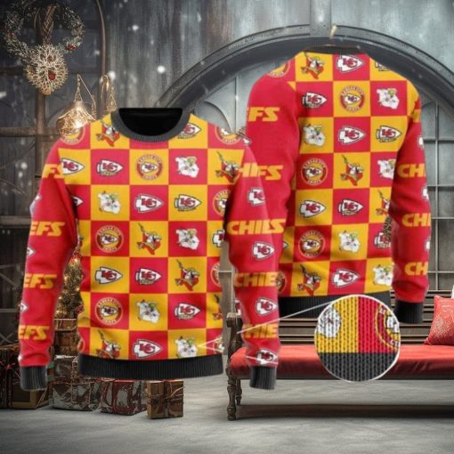 Chiefs Logo Checkered Flannel Design Knitted Ugly Christmas Sweater