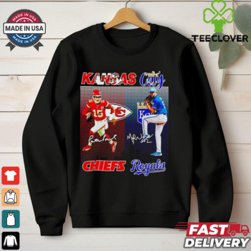 Chiefs Mahomes and Royals Michael Wacha city skyline Kansas City signatures hoodie, sweater, longsleeve, shirt v-neck, t-shirt