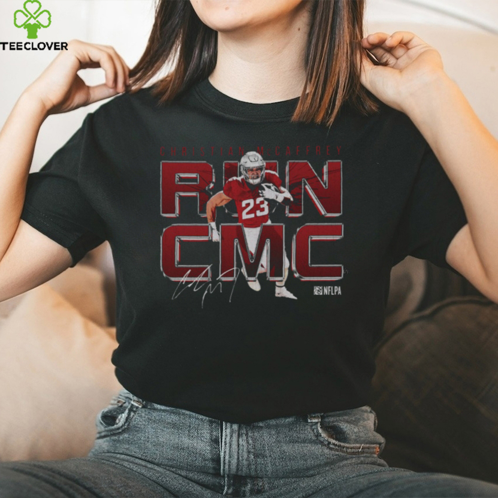 Christian McCaffrey San Francisco Run CMC Metal WHT Shirt Christian McCaffrey San Francisco Run CMC Metal WHT Shirt