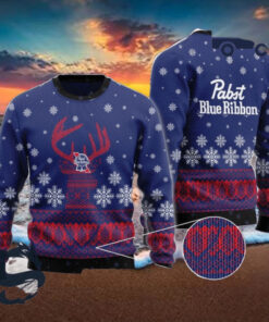 Christmas 2024 Blue Pabst Blue Ribbon Reindeer Snowy Ugly Sweater