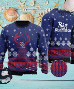 Christmas 2024 Blue Pabst Blue Ribbon Reindeer Snowy Ugly Sweater