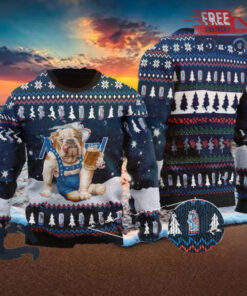 Christmas 2024 Bulldog Drink Natural Light Beer Ugly Sweater