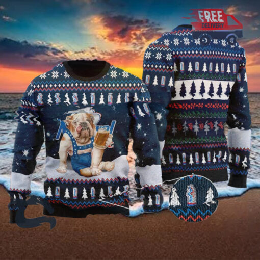 Christmas 2024 Bulldog Drink Natural Light Beer Ugly Sweater