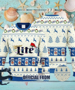 Christmas 2024 Miller Lite Reindeer Snowy Night Ugly Sweater
