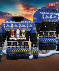 Christmas 2024 Pabst Blue Ribbon Santa Reindeer Snowflake Ugly Sweater