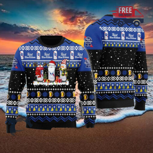 Christmas 2024 Pabst Blue Ribbon Santa Reindeer Snowflake Ugly Sweater