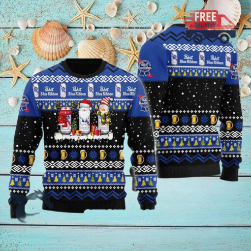 Christmas 2024 Pabst Blue Ribbon Santa Reindeer Snowflake Ugly Sweater