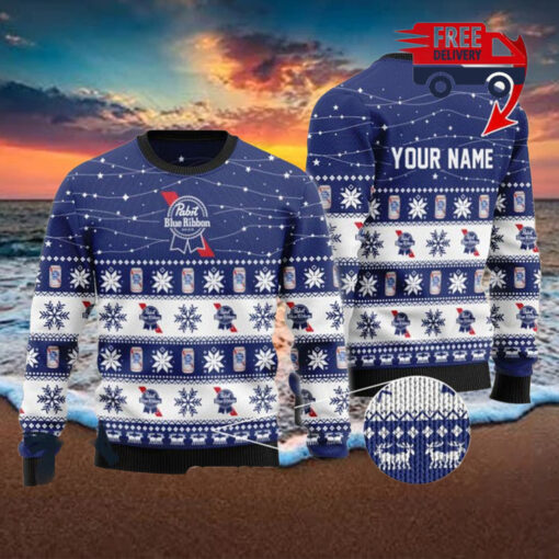 Christmas 2024 Personalized Christmas Twinkle Lights PBR Beer Ugly Sweater
