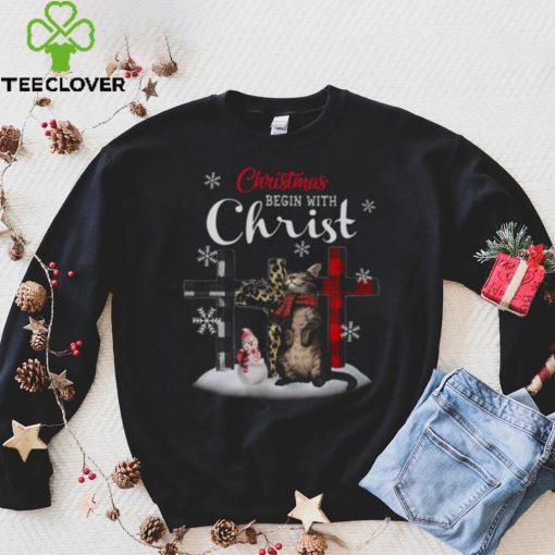 Christmas Begin With Christ Cat Jesus Merry Christmas Shirt