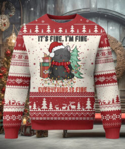 Christmas Black Cat Ugly Christmas Sweater It’s Fine I’m Fine Everything Is Fine Xmas Light Funny