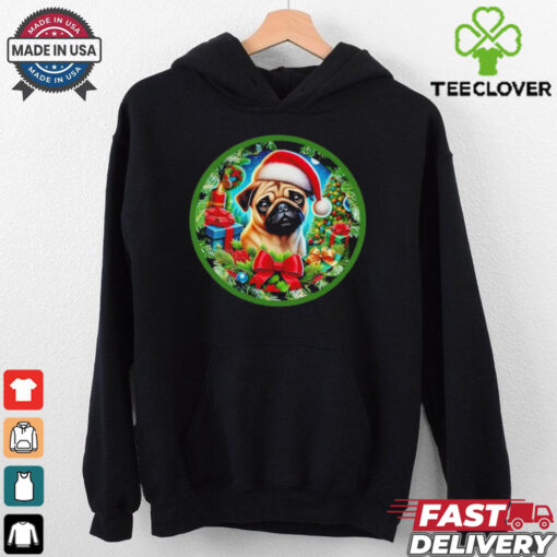Christmas Cheer with a Pug Santa Hat pup in a Festive Wonderland shirt